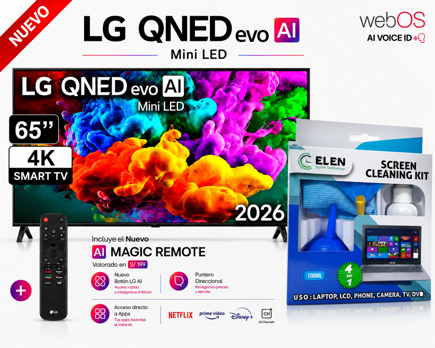 TELEVISOR LG 65QNED65BSA 65” 4K ULTRA HD QNED MINI LED+KITS DE LIMPIEZA DE TV - 1