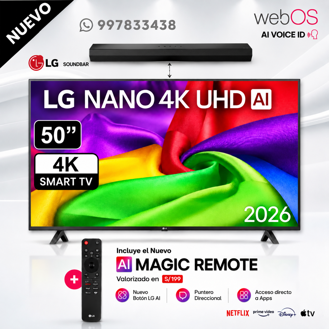 TELEVISOR LG 50' PULG NANO 4K UHD AI SMART TV 50NU800BPSC 2026+ BARRA SOUNDBAR LF - 1