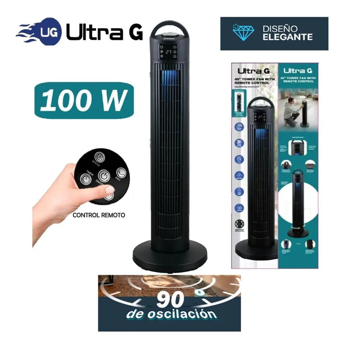 VENTILADOR DE TORRE 40' SILENCIOSO ULTRA G 100W CON CONTROL REMOTO - 1