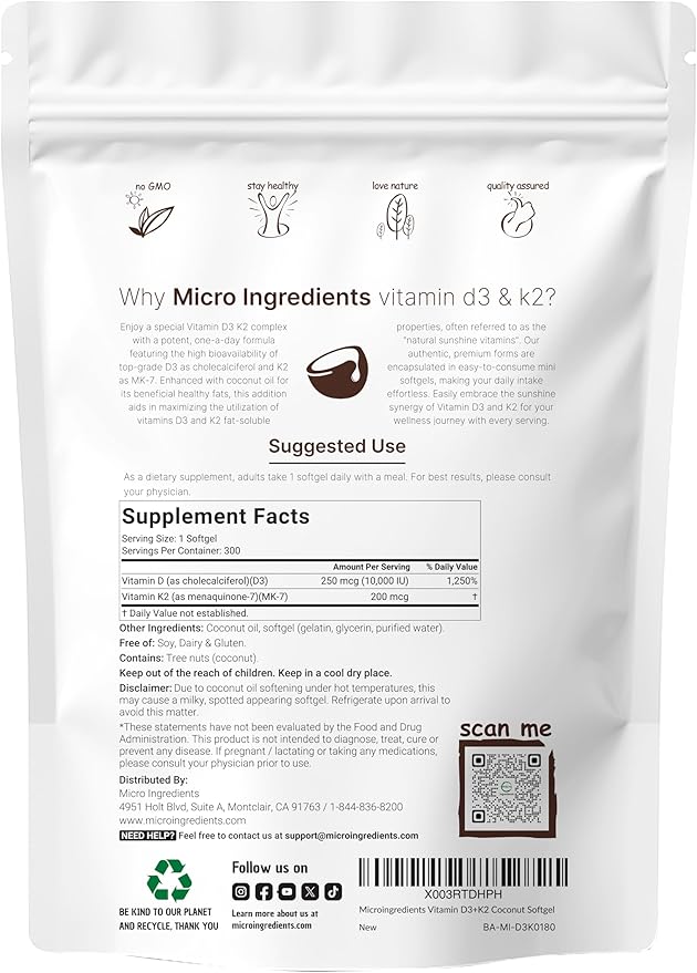 MICROINGREDIENTES VITAMIN D3+ K2 10000UI + 200MCG 300 CAPSULAS - 2