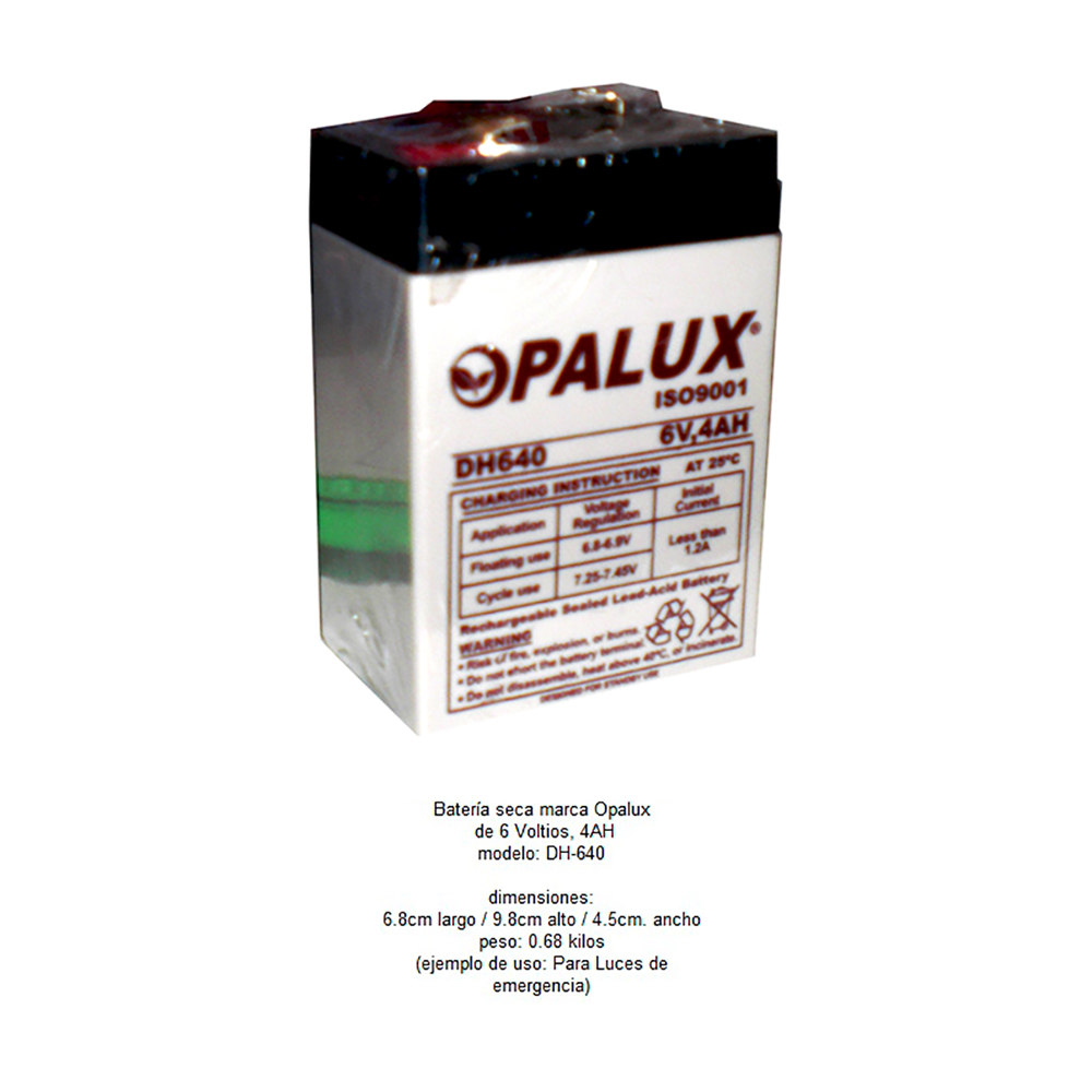 BATERÍA SECA 6 VOLTIOS 4 AH OPALUX DH-640 - LUCES EMERGENCIA - 2