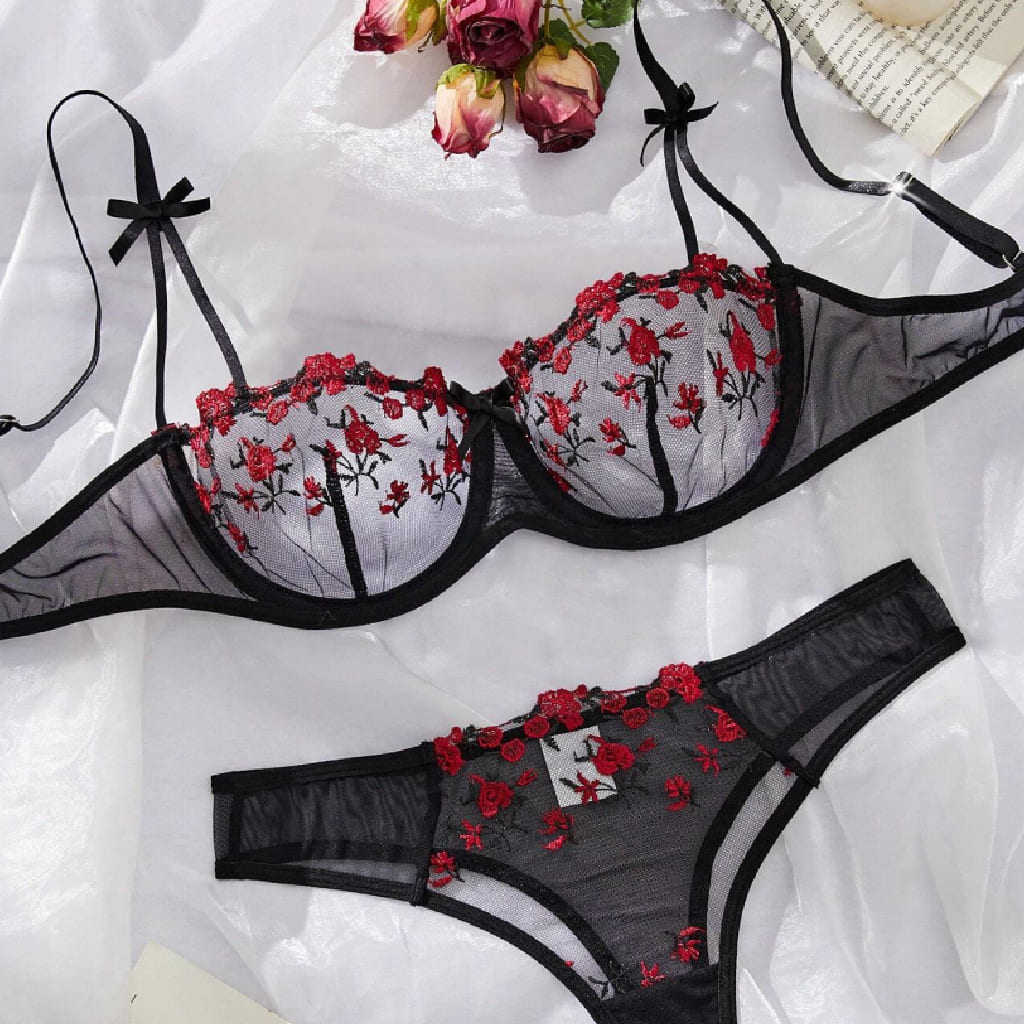 LENCERIA NEGRO BORDADO SEXY TANGA BRASIER SEXY CONJUNTOS DAMAS - 2