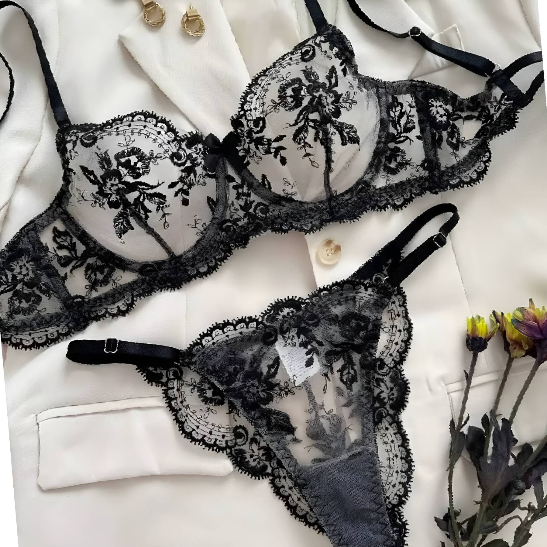 LENCERÍA SEXY DE ENCAJE TRUSA Y BRASIER DE ENCAJE FLORAL CONJUNTO - 4