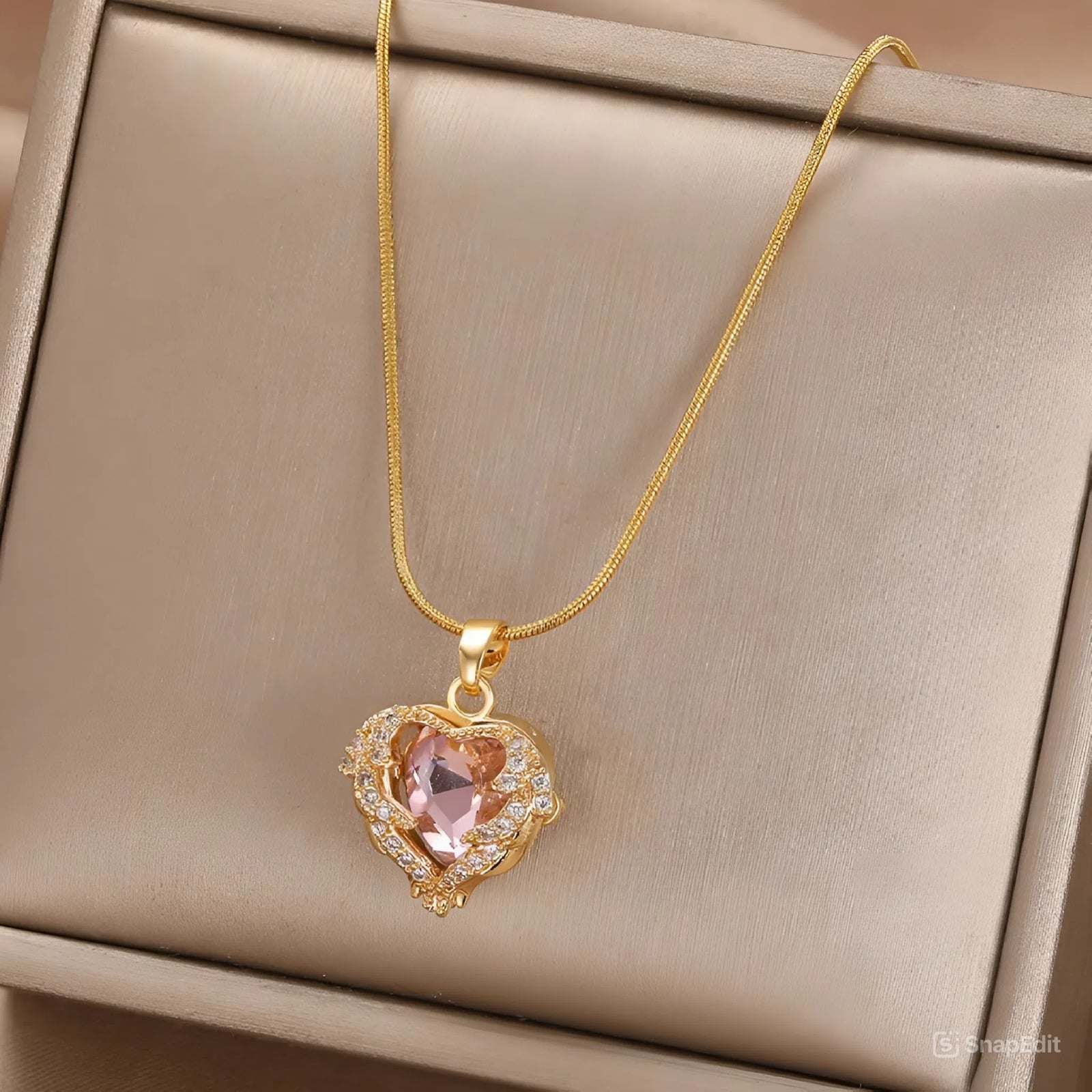 COLLAR CORAZON ROSADO PARA DAMA DORADO - 3