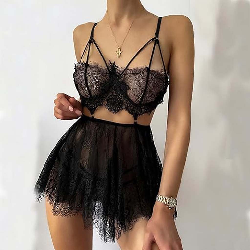 LENCERÍA BABYDOLL ENCAJE VESTIDO CAMISÓN ROPA SEXY NEGRO - 4
