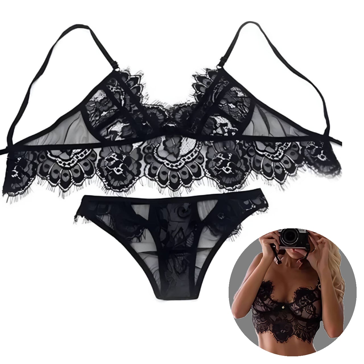 ROPA INTERIOR NEGRO SEXY CONJUNTO SUJETADOR TANGA ENCAJE - 1