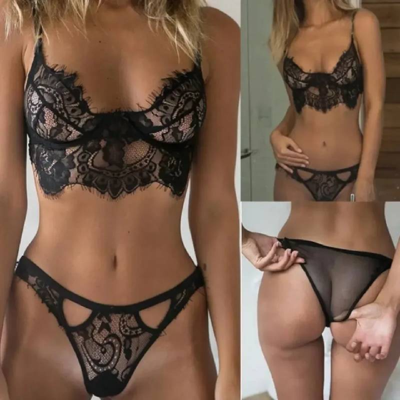 ROPA INTERIOR NEGRO SEXY CONJUNTO SUJETADOR TANGA ENCAJE - 2