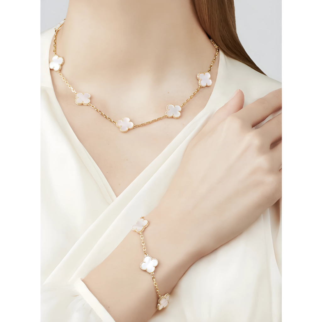 SET COLLAR ARETES Y PULSERA TREBOL BLANCO DISEÑO DE LUJO - 5