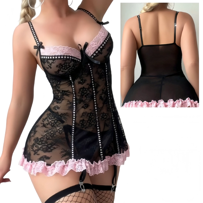 LENCERÍA BABYDOLL ENCAJE VESTIDO CAMISÓN ROPA SEXY NEGRO - 1