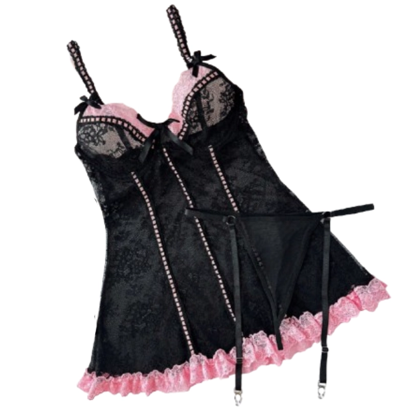 LENCERÍA BABYDOLL ENCAJE VESTIDO CAMISÓN ROPA SEXY NEGRO - 4