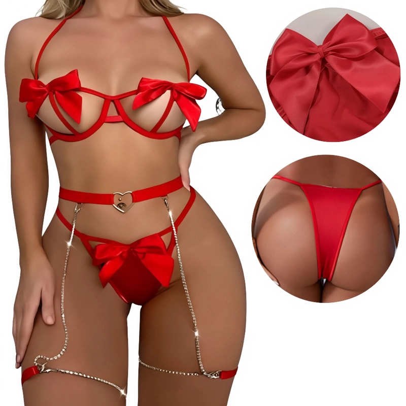 LENCERIA  MUJER SEXY TANGA BRASIER LAZO CONJUNTO DAMAS NEGRO - 1