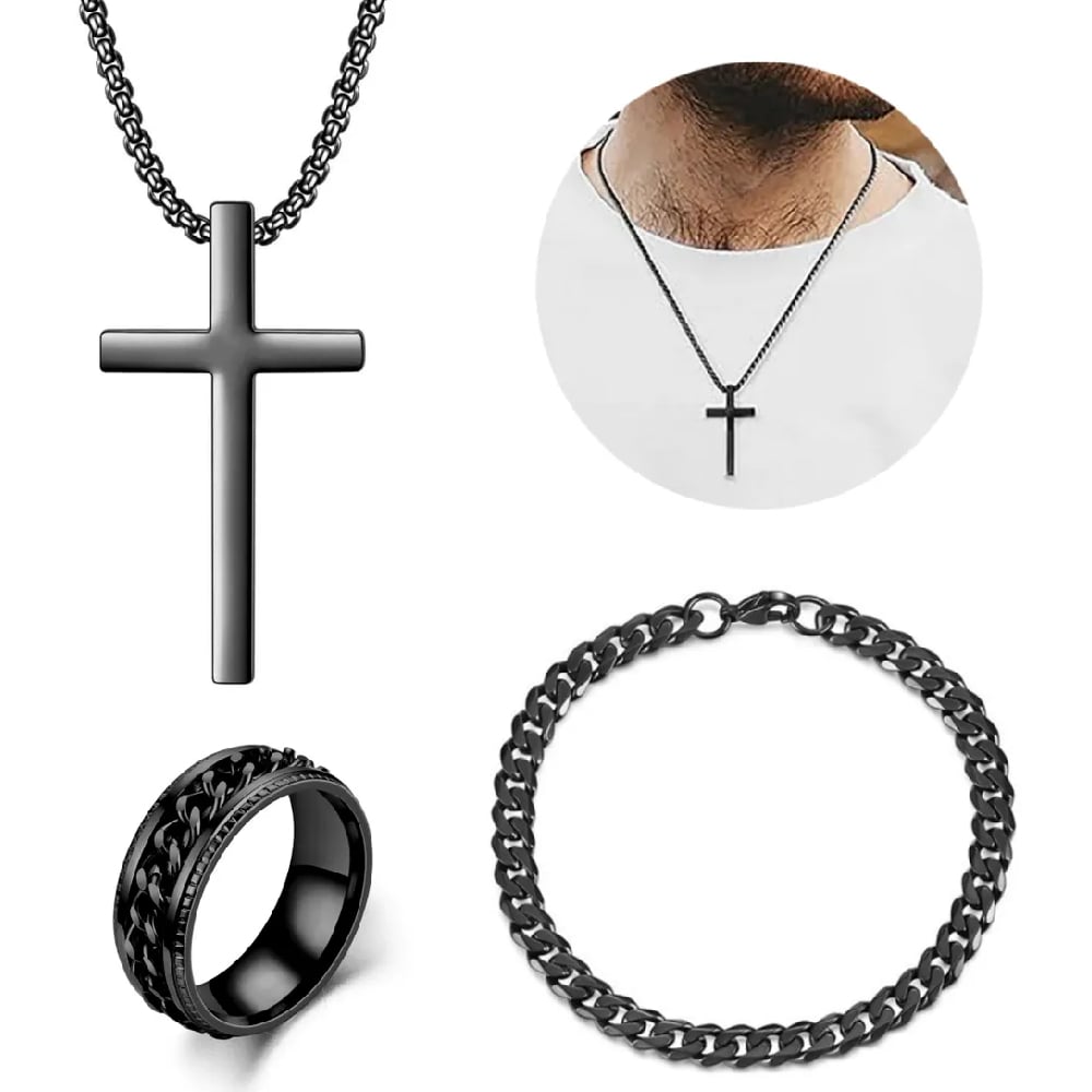 COLLAR CRUZ CADENAS ACERO INOXIDABLE DIJES HOMBRES JOYERIA - 1