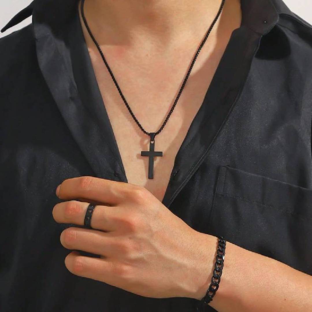 COLLAR CRUZ CADENAS ACERO INOXIDABLE DIJES HOMBRES JOYERIA - 2