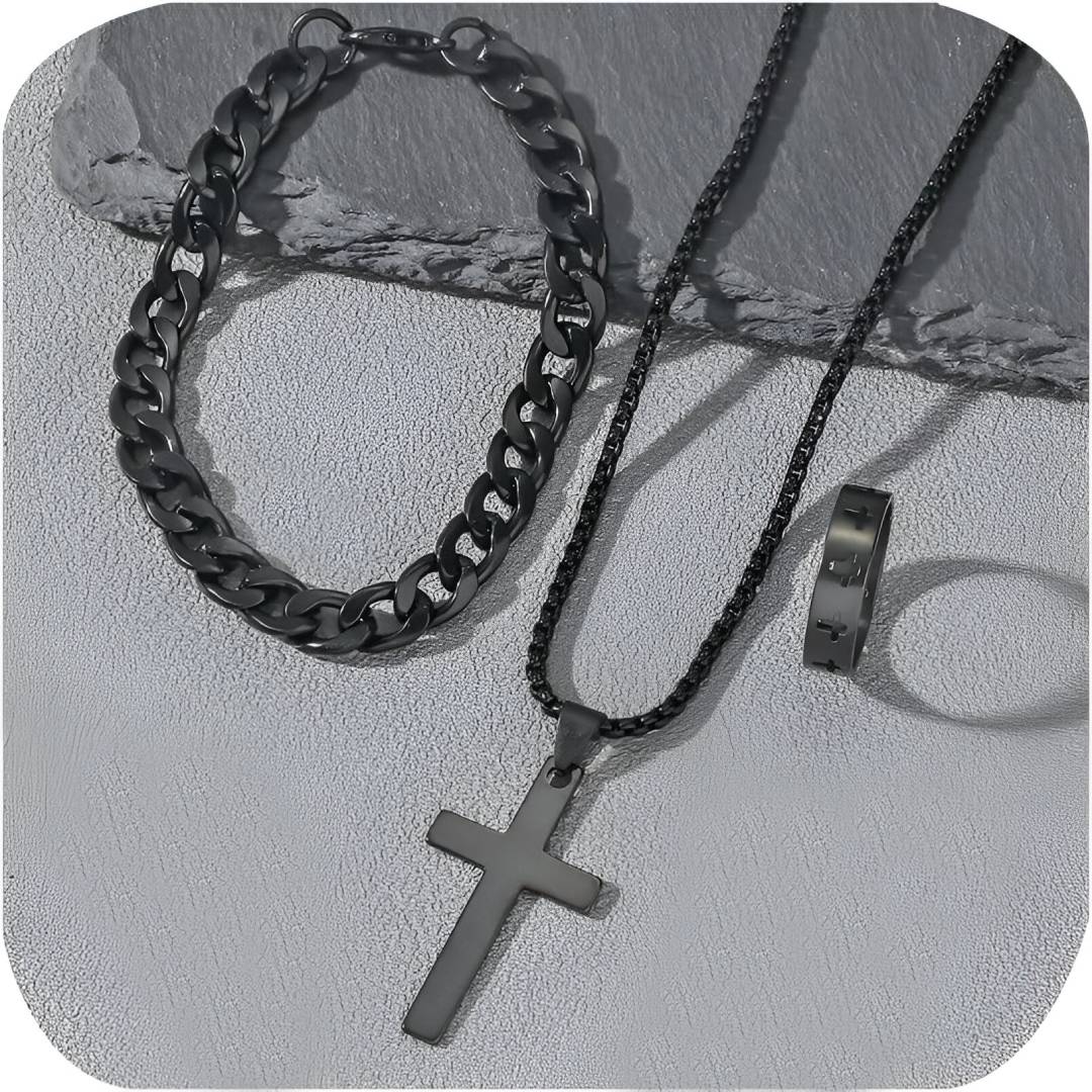 COLLAR CRUZ CADENAS ACERO INOXIDABLE DIJES HOMBRES JOYERIA - 3
