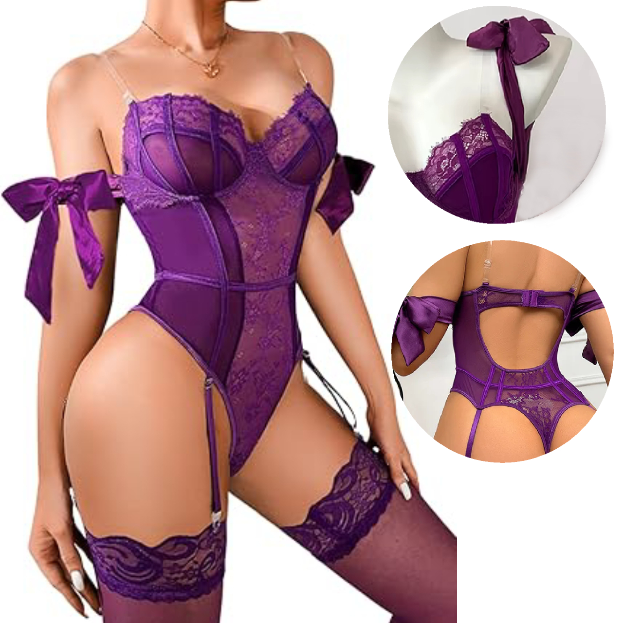 CONJUNTO DE LENCERÍA CON MEDIAS MODELO LAZO PARA MUJER MORADO - 1