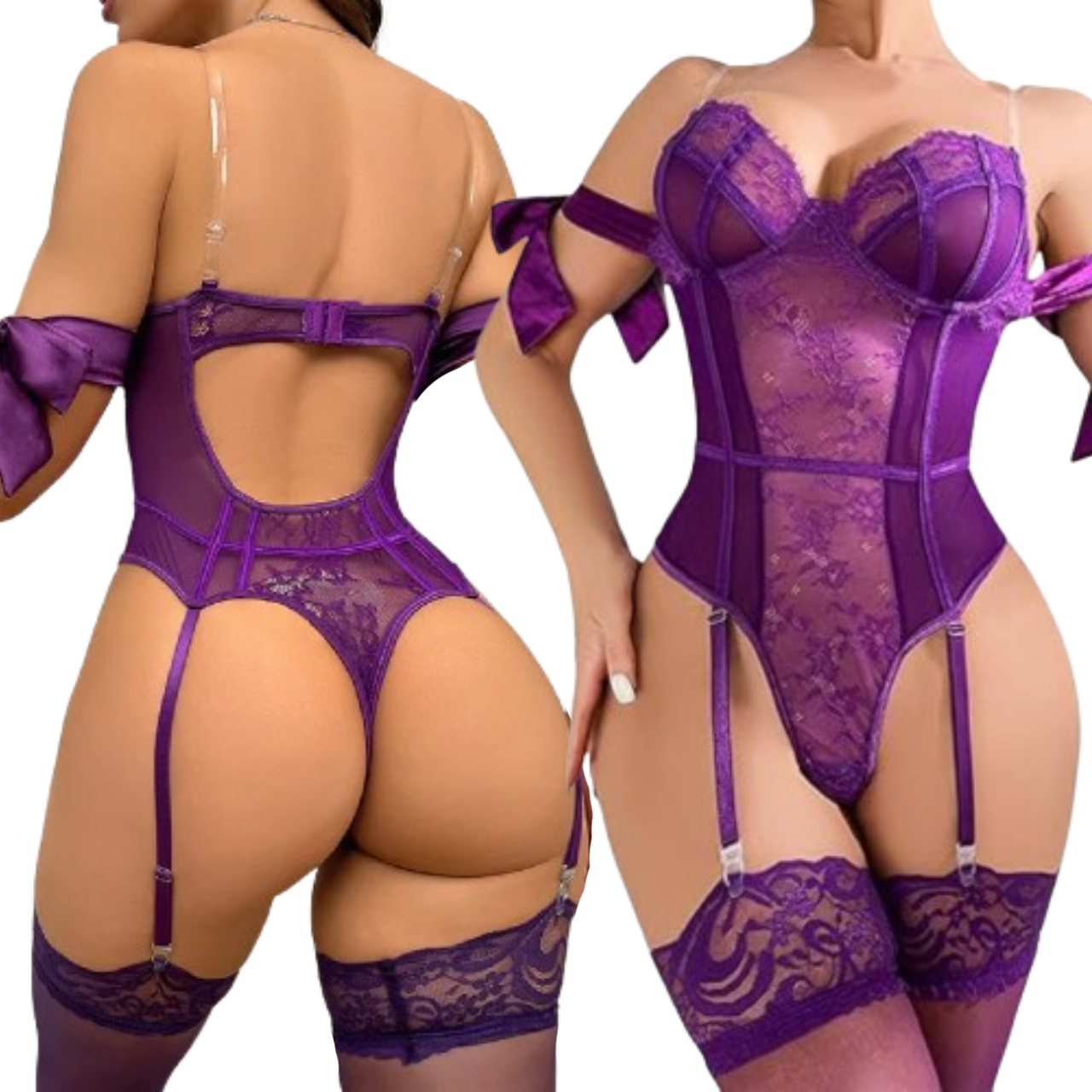 CONJUNTO DE LENCERÍA CON MEDIAS MODELO LAZO PARA MUJER MORADO - 4