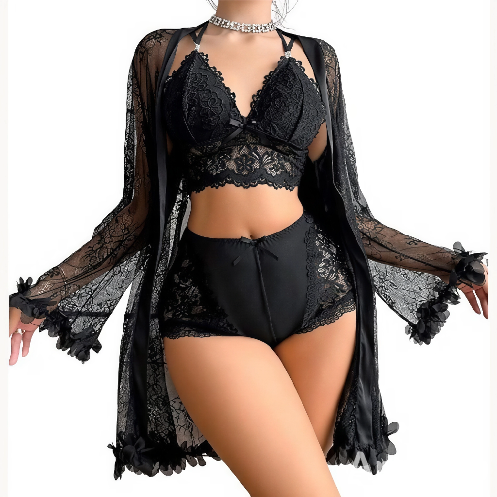 CONJUNTO PIJAMA 3 PIEZAS MUJER LENCERÍA DE ENCAJE ROPA DE DORMIR SEXY - 1