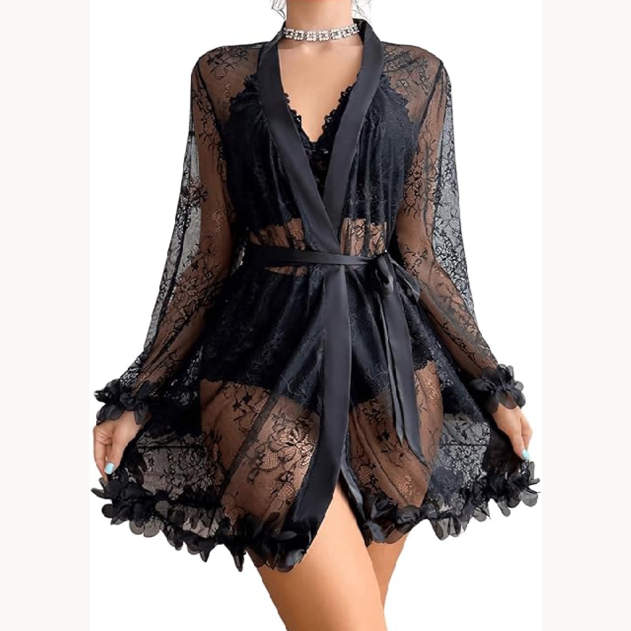 CONJUNTO PIJAMA 3 PIEZAS MUJER LENCERÍA DE ENCAJE ROPA DE DORMIR SEXY - 2