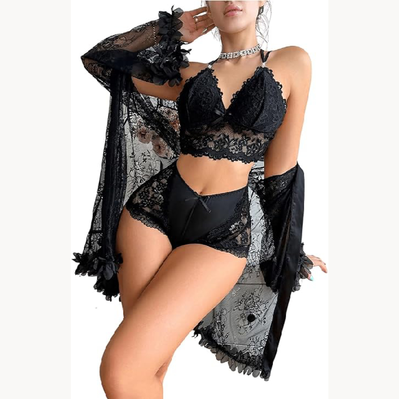 CONJUNTO PIJAMA 3 PIEZAS MUJER LENCERÍA DE ENCAJE ROPA DE DORMIR SEXY - 3