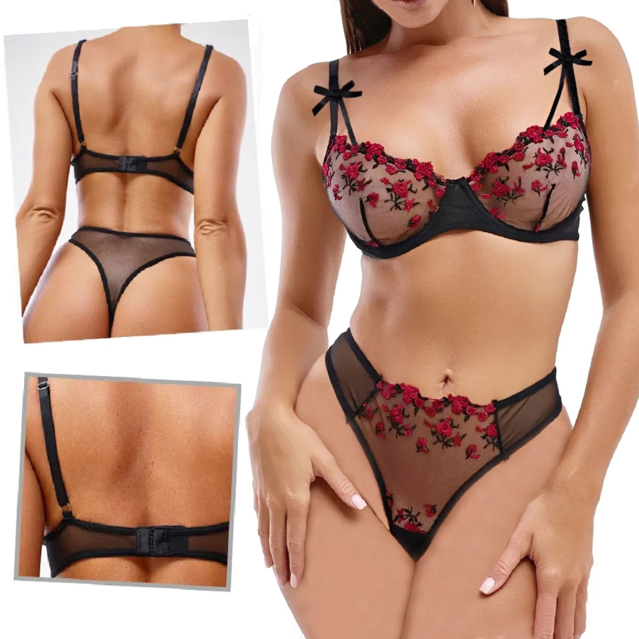 LENCERIA ENCAJE BORDADO CONJUNTO SEXY MUJER ROPA - 3