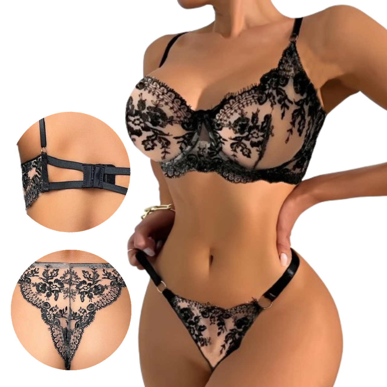 CONJUNTO LENCERÍA BELLO ENCAJE TANGA Y BRASIER MUJER - 1