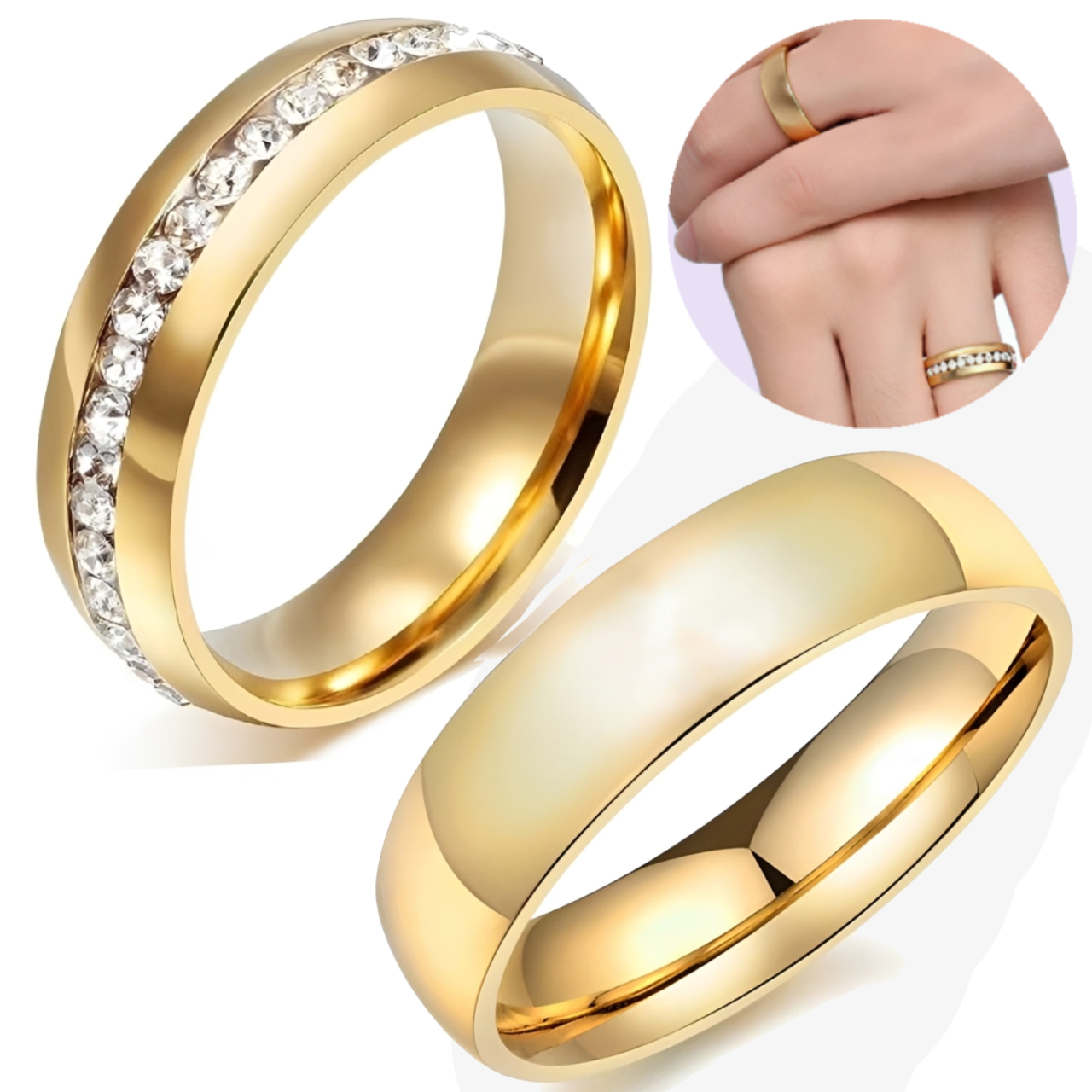 PAR ANILLOS PROMESA PAREJA DORADOS ANILLOS COMPROMISO ACERO - 1