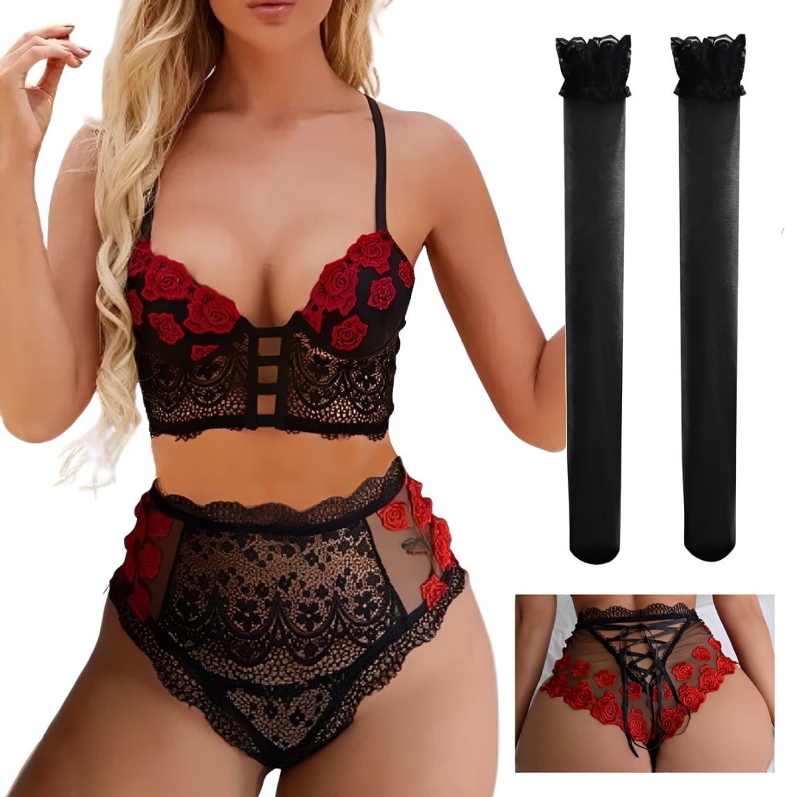 LENCERÍA ERÓTICA SEXY 2PIEZA ENCAJE LENCERIA MUJER INCLUYE MEDIAS BABY DOLL - 1