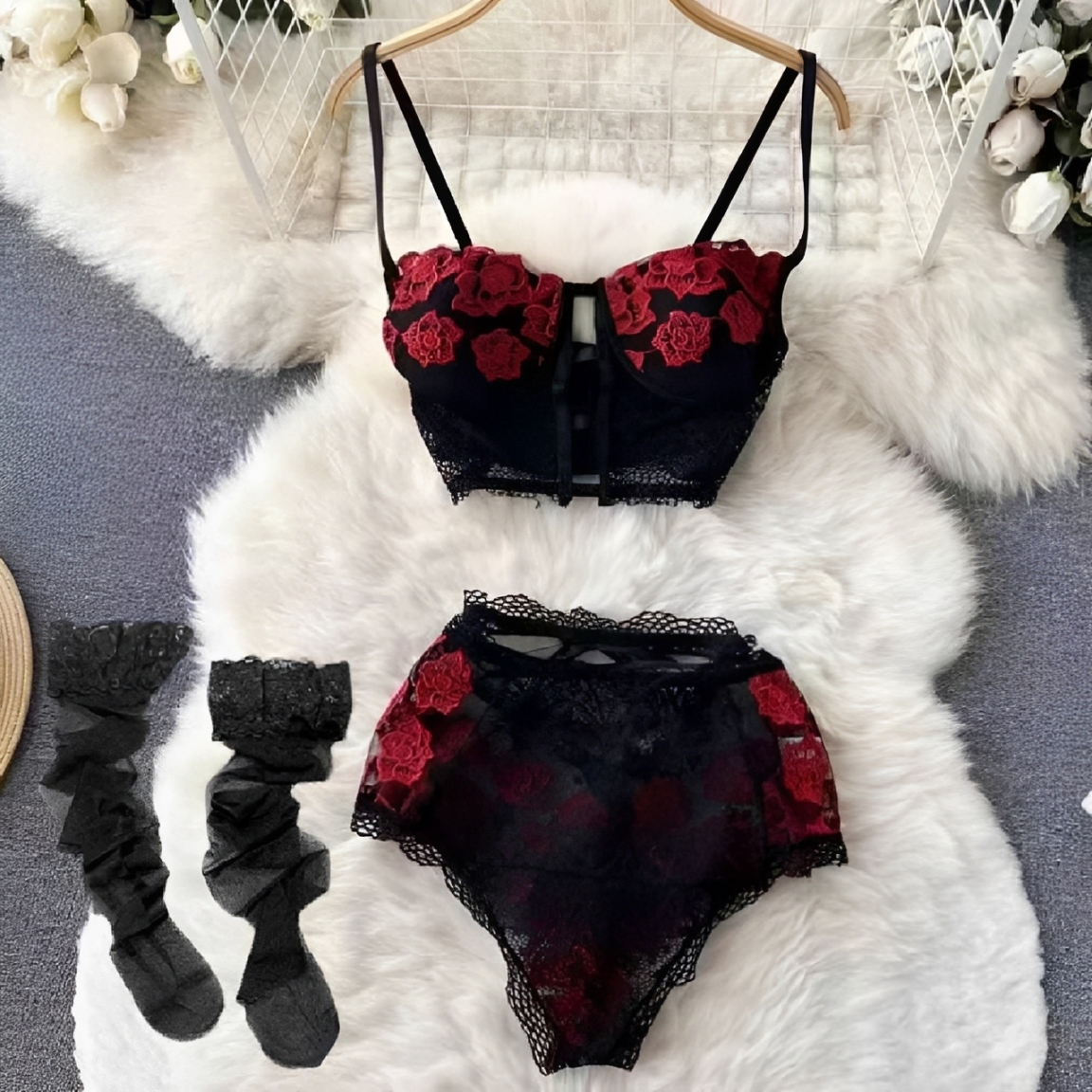 LENCERÍA ERÓTICA SEXY 2PIEZA ENCAJE LENCERIA MUJER INCLUYE MEDIAS BABY DOLL - 3