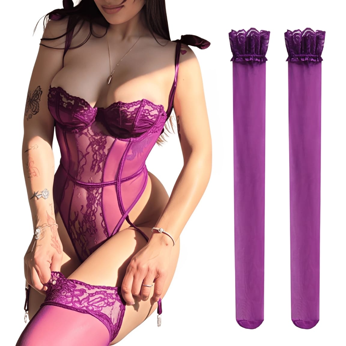 SET DE LENCERÍA SEXY BODY MUJER ENCAJE CON MEDIAS - 1