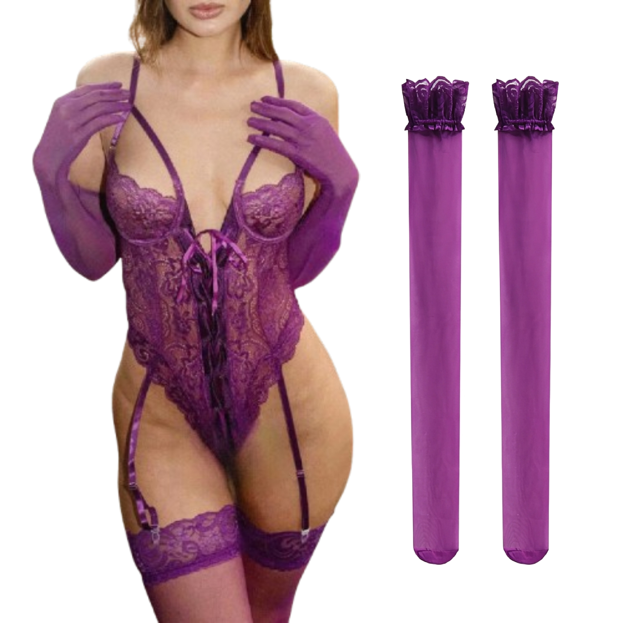 SET DE LENCERÍA SEXY BODY MUJER ENCAJE CON MEDIAS 3PIEZAS - 1