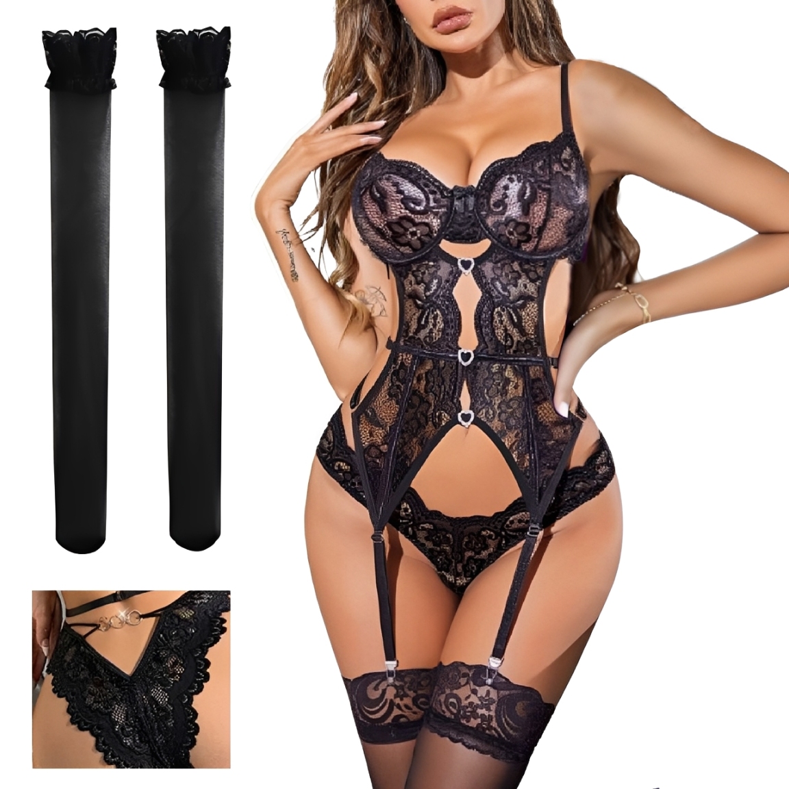CONJUNTO LENCERÍA SEXY NEGRO BODY TANGA 4 PIEZAS DAMA - 1