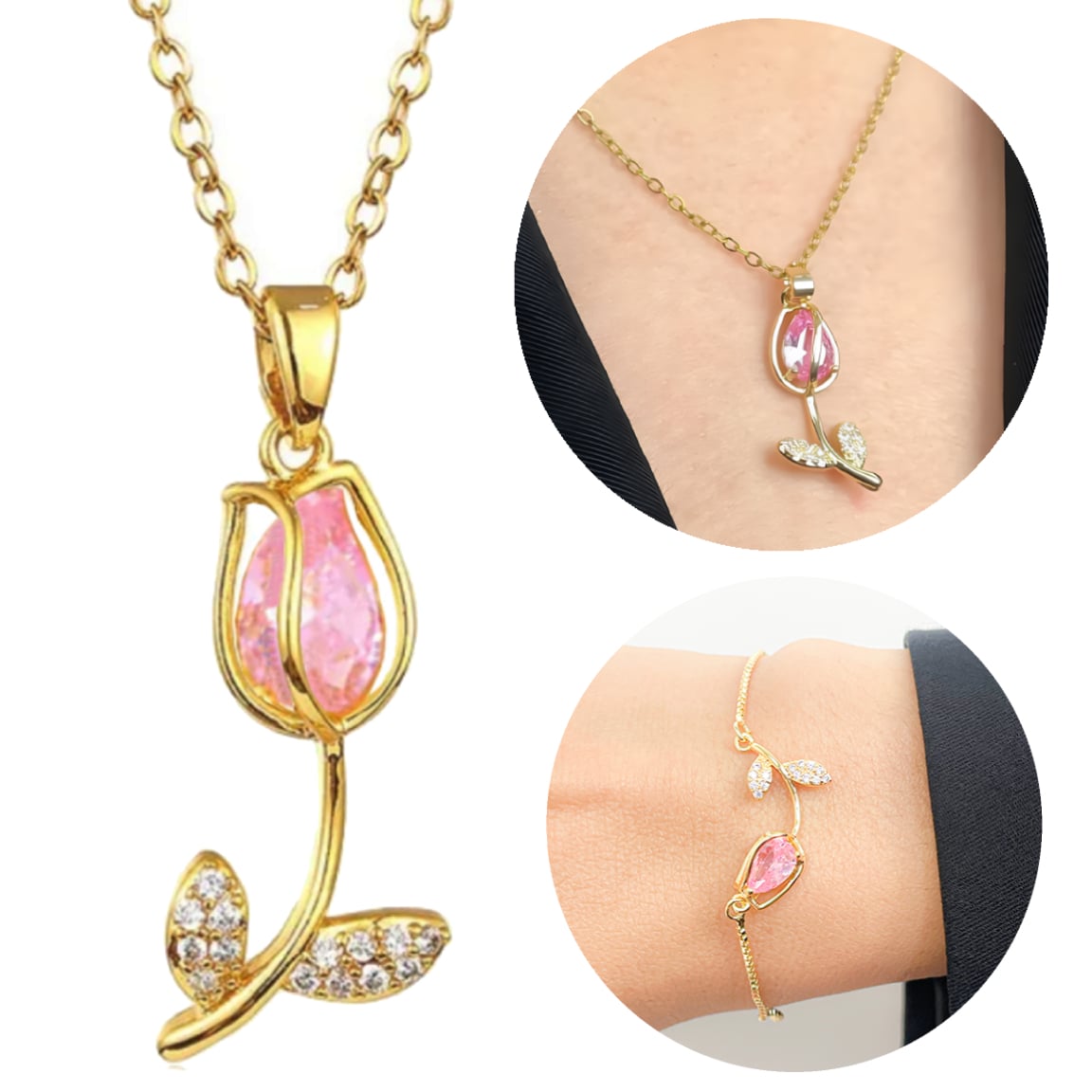 COLLAR DEPULSERA TULIPÁN DE LUJO JOYERIA ACERO REGALO MUJER - 1