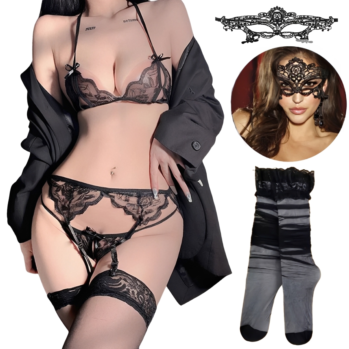 LENCERÍA SEXY DE ENCAJE SEDUCTORA 6 PIEZAS CON MEDIAS Y ANTIFAZ - 1