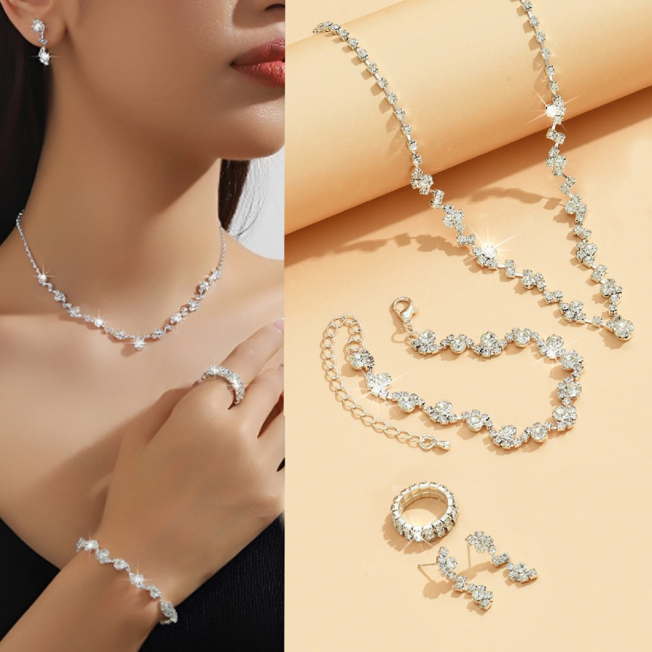 JOYERÍA 5 PIEZAS JUEGO DE COLLAR PULSERA PENDIENTES Y ANILLO PARA NOVIA MUJER REGALOS - 1