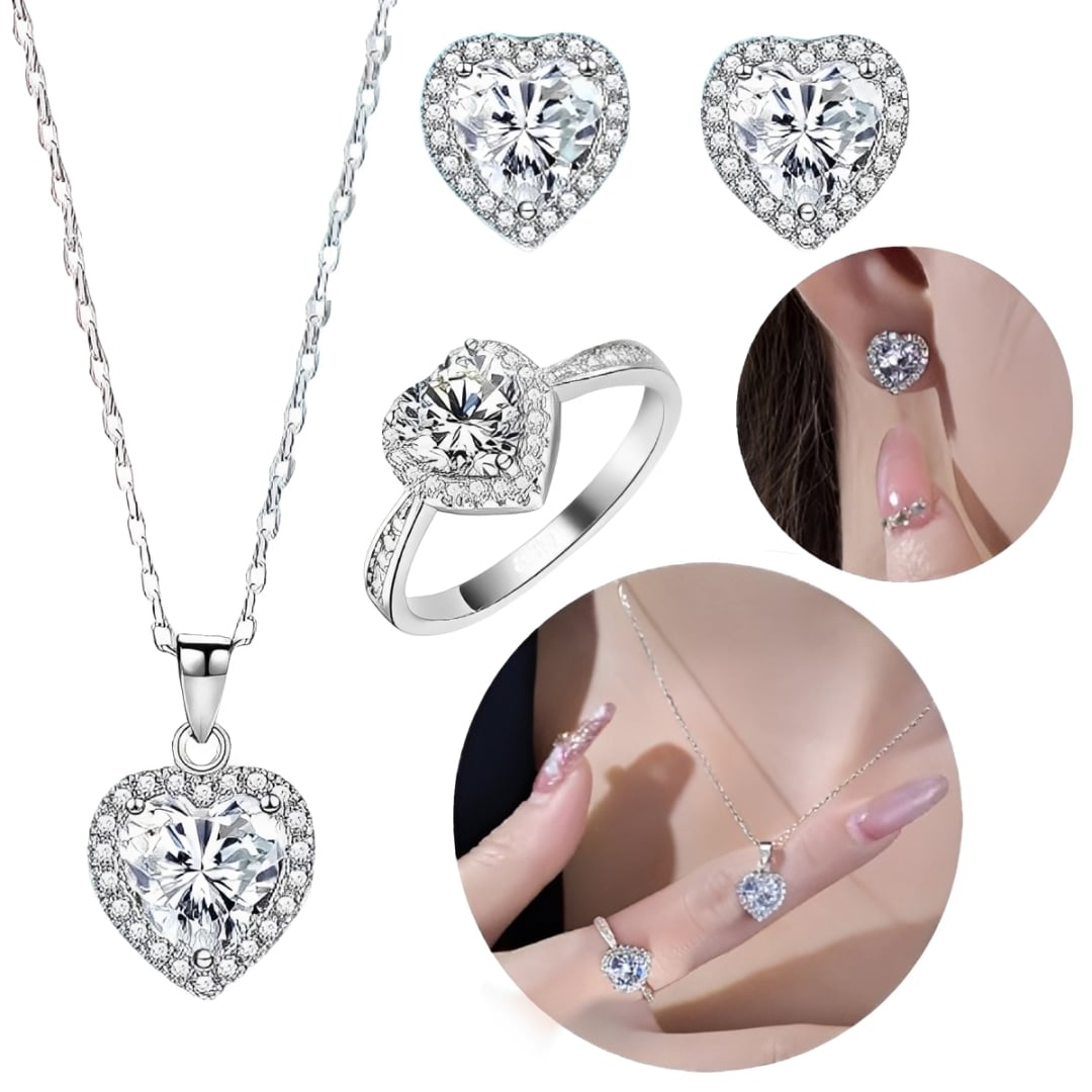 JUEGO DE COLLAR CORAZÓN ANILLO ARETES JOYERÍA MUJER REGALO - 1