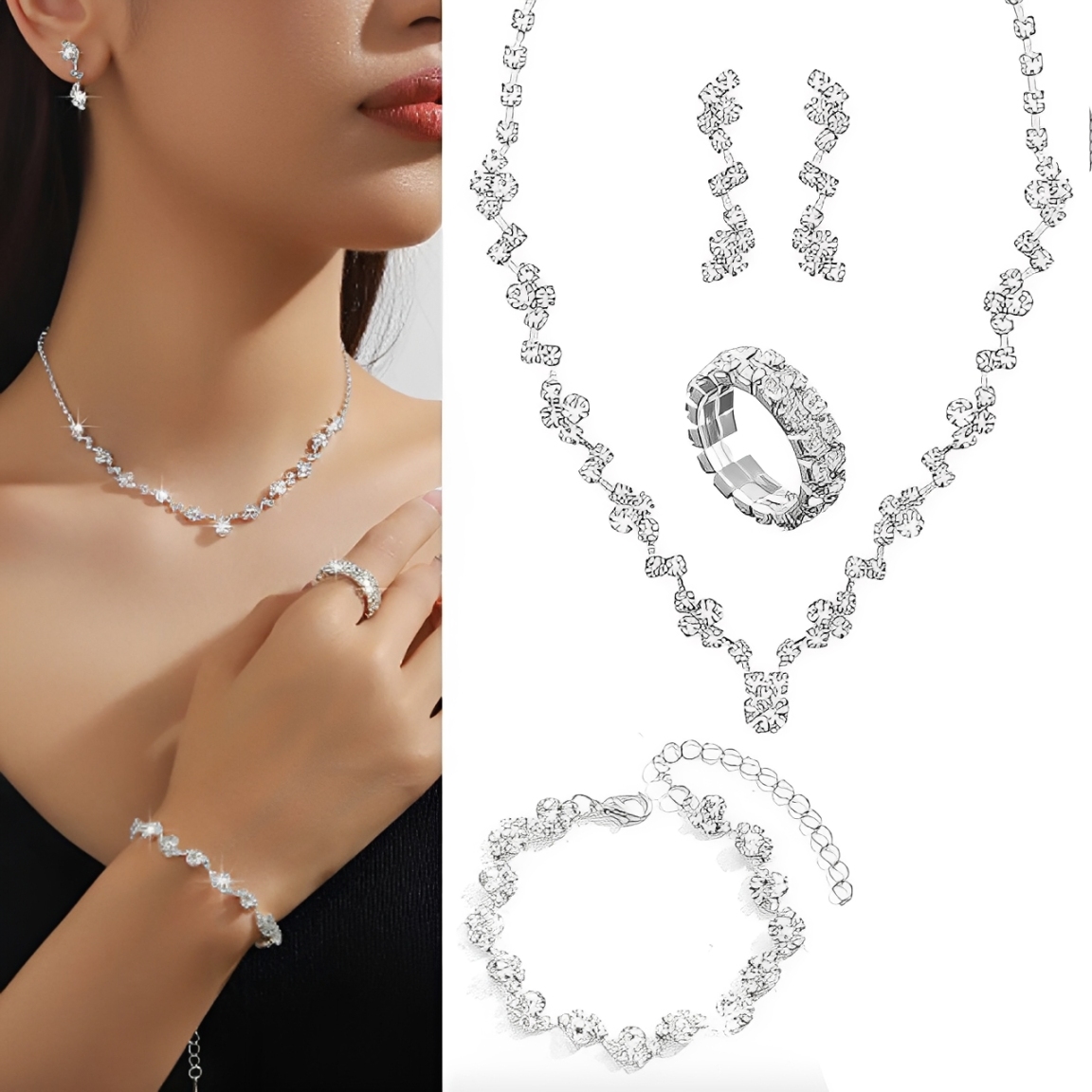 JOYERÍA 5 PIEZAS COLLAR PULSERA PENDIENTES Y ANILLO PREGALOS - 1