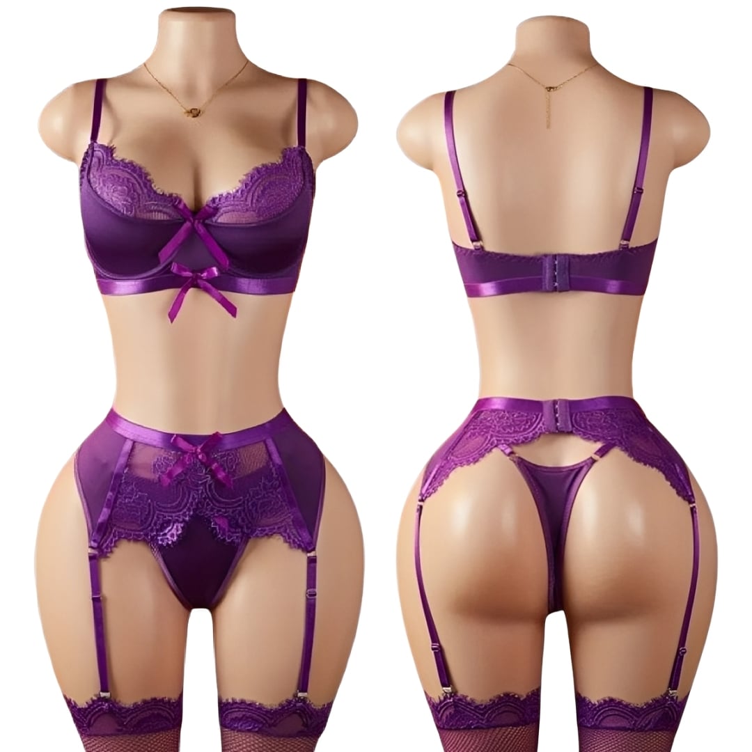 CONJUNTO LENCERIA SEXY CON LIGUEROS DE ENCAJE FLORAL MUJER - 1