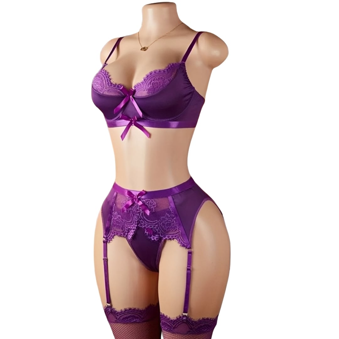 CONJUNTO LENCERIA SEXY CON LIGUEROS DE ENCAJE FLORAL MUJER - 2