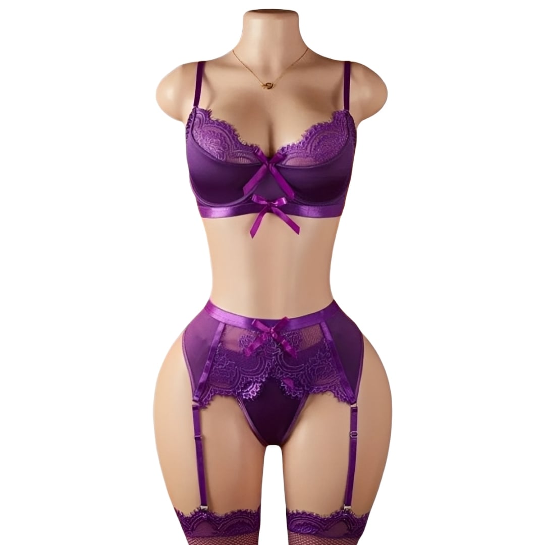 CONJUNTO LENCERIA SEXY CON LIGUEROS DE ENCAJE FLORAL MUJER - 3