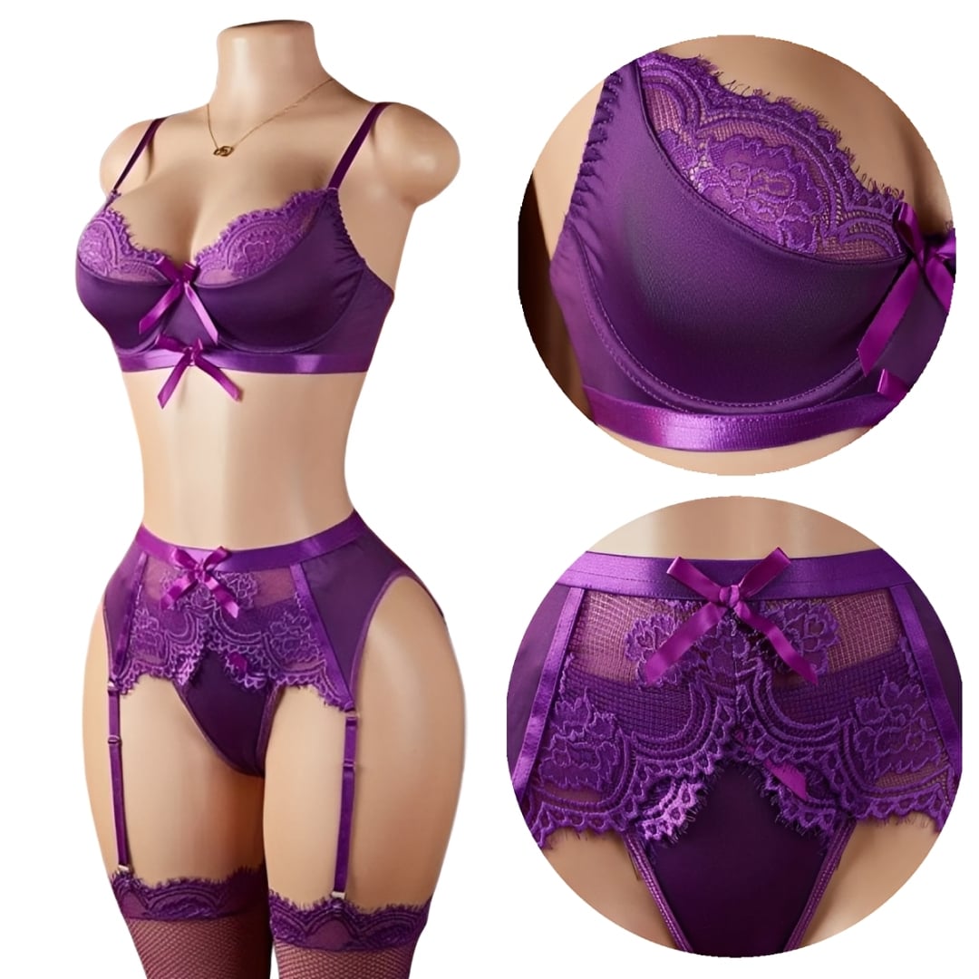 CONJUNTO LENCERIA SEXY CON LIGUEROS DE ENCAJE FLORAL MUJER - 5