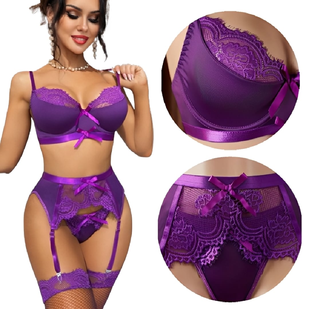 CONJUNTO LENCERIA SEXY CON LIGUEROS DE ENCAJE FLORAL MUJER - 1