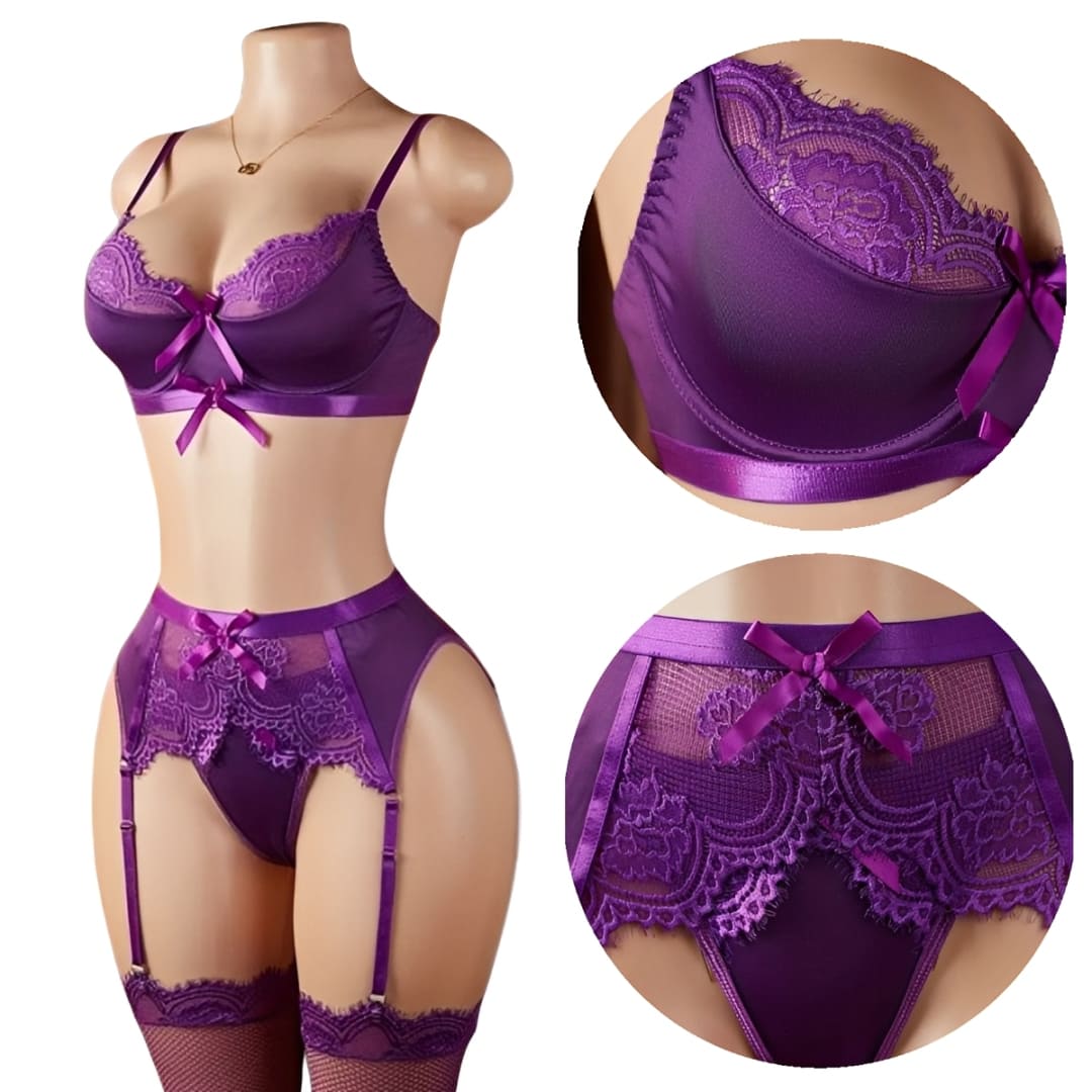 CONJUNTO LENCERIA SEXY CON LIGUEROS DE ENCAJE FLORAL MUJER - 2