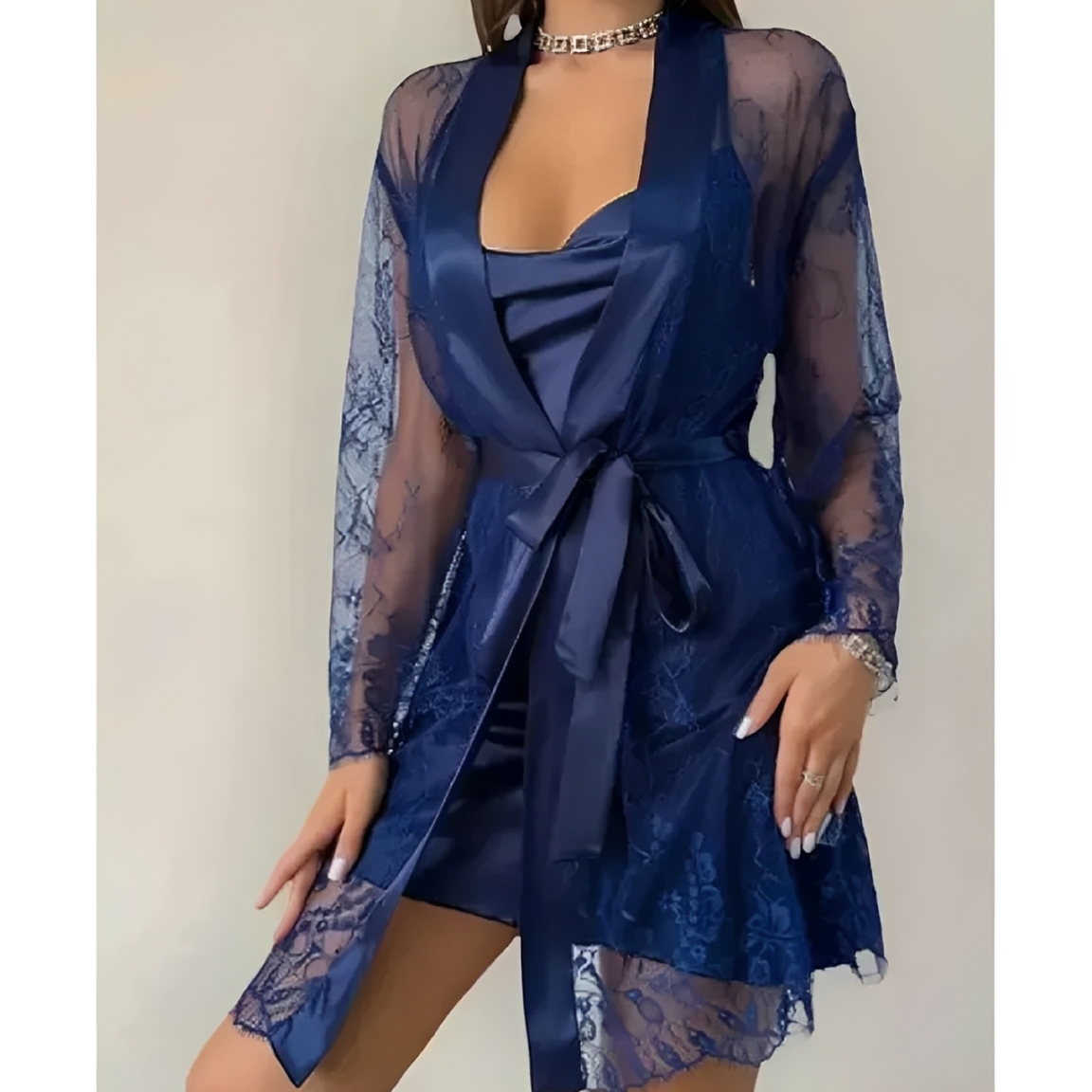 PIJAMA BATA DE MUJER TRANSPARENTE DE ENCAJE ELEGANTE DISEÑO UNICO - 10