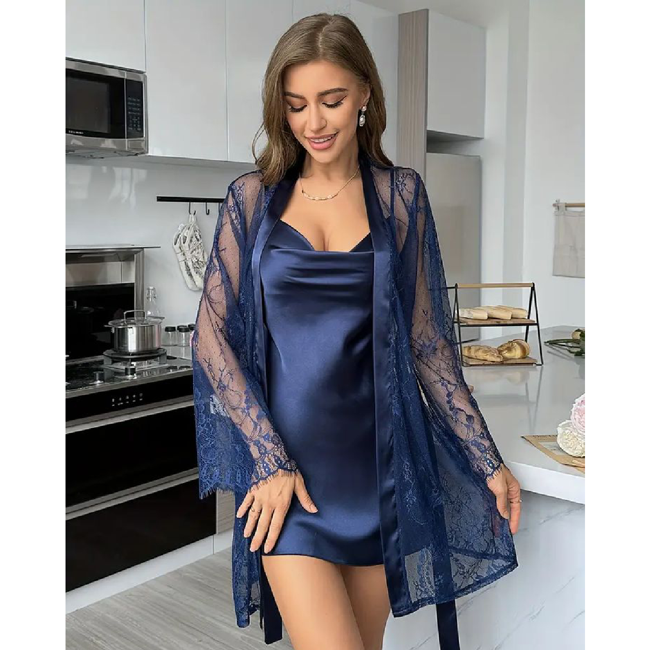 PIJAMA BATA DE MUJER TRANSPARENTE DE ENCAJE ELEGANTE DISEÑO UNICO - 3