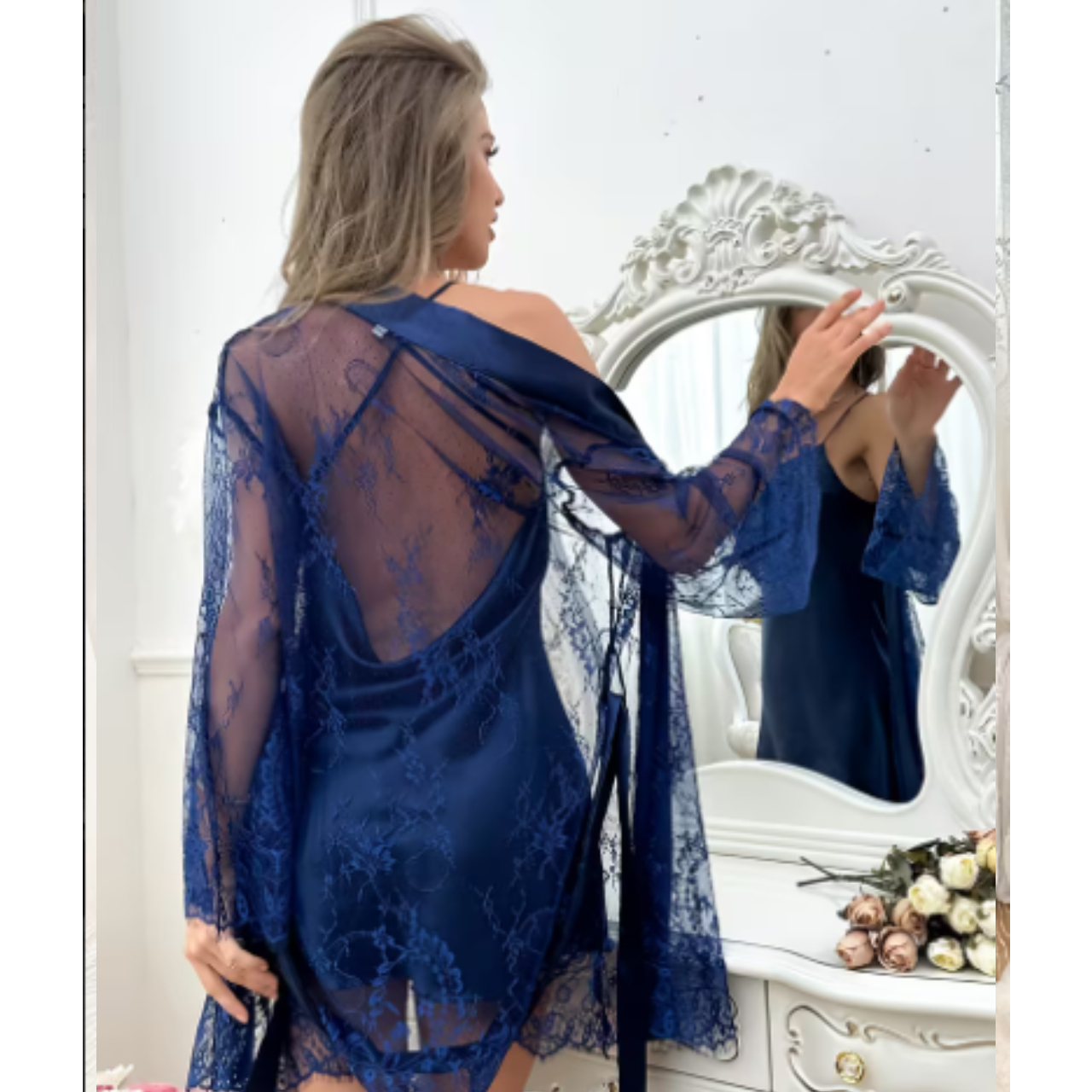 PIJAMA BATA DE MUJER TRANSPARENTE DE ENCAJE ELEGANTE DISEÑO UNICO - 6