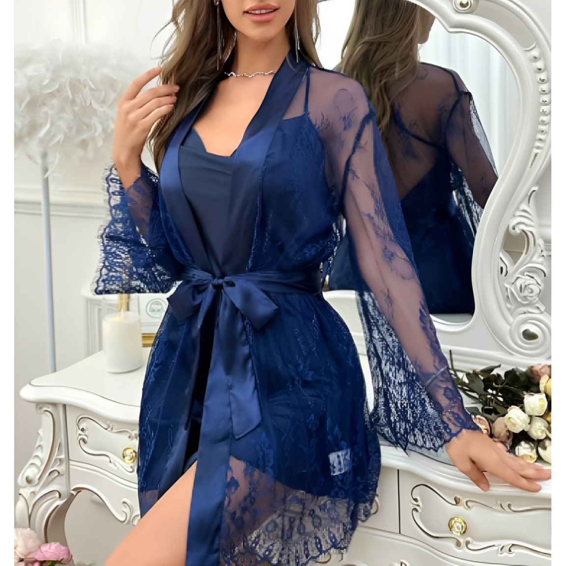 PIJAMA BATA DE MUJER TRANSPARENTE DE ENCAJE ELEGANTE DISEÑO UNICO - 7