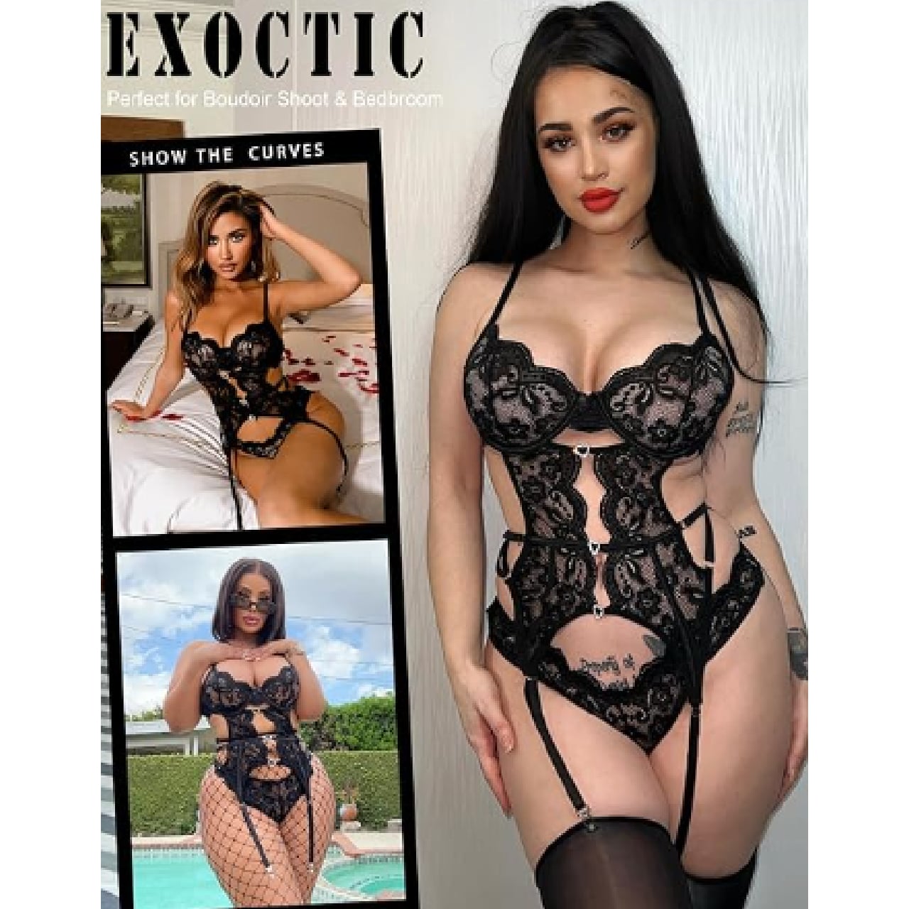 CONJUNTO LENCERÍA SEXY NEGRO BODY TANGA 4 PIEZAS DAMA - 5