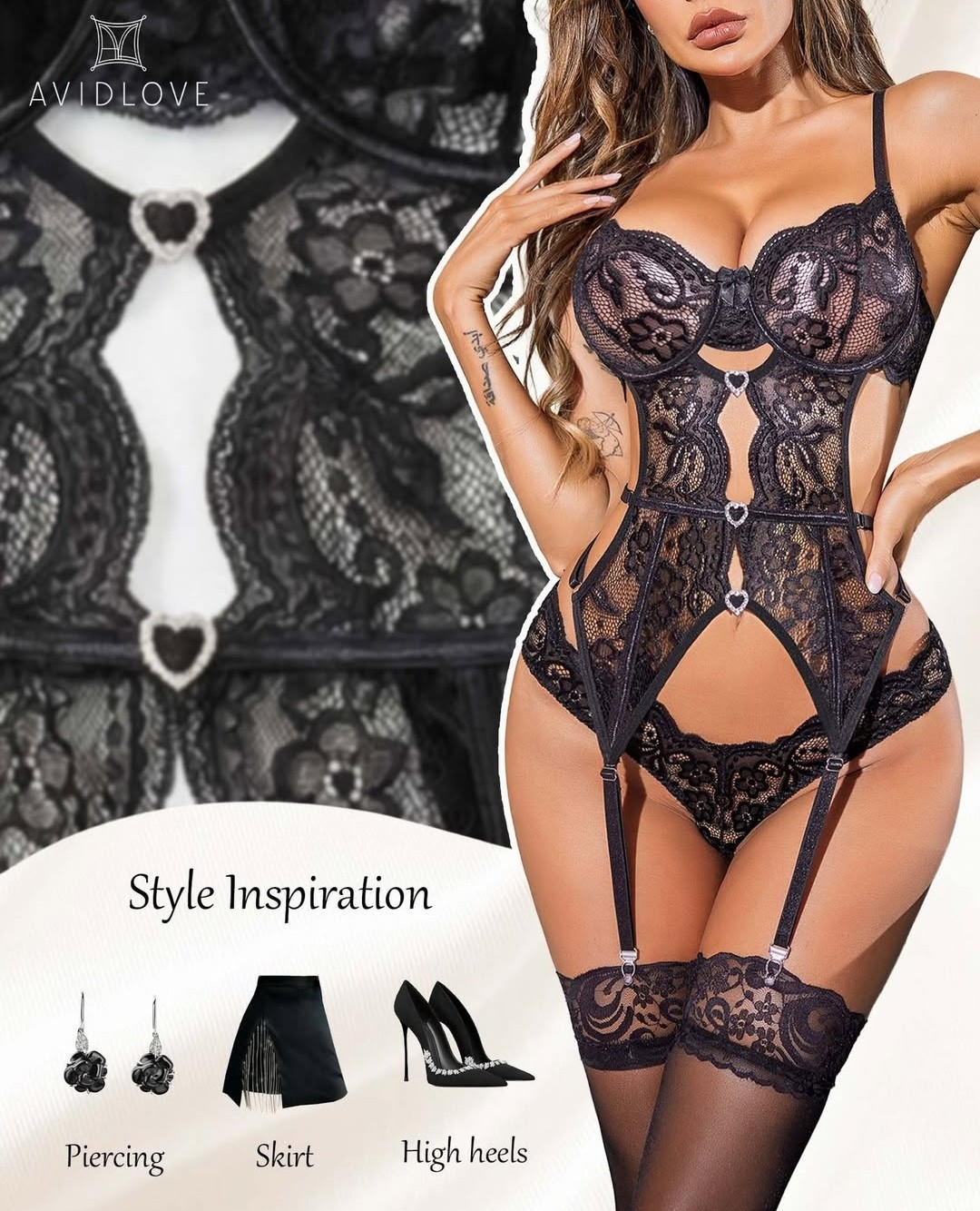 CONJUNTO LENCERÍA SEXY NEGRO BODY TANGA 4 PIEZAS DAMA - 8