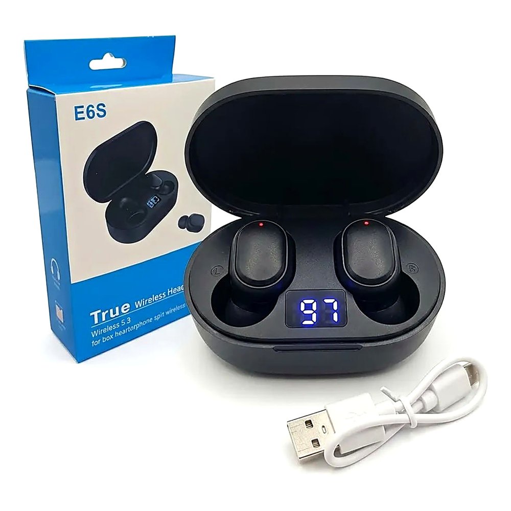 AUDÍFONOS BLUETOOTH TWS E6S NEGRO ESTUCHE CARGA PANTALLA LED DIGITAL INALÁMBRICOS - 1