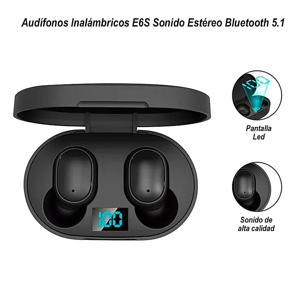 AUDÍFONOS BLUETOOTH TWS E6S NEGRO ESTUCHE CARGA PANTALLA LED DIGITAL INALÁMBRICOS - 2